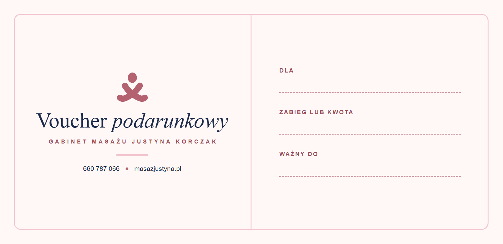 Voucher podarunkowy, przód: pola na imię, zabieg lub kwotę i termin ważności