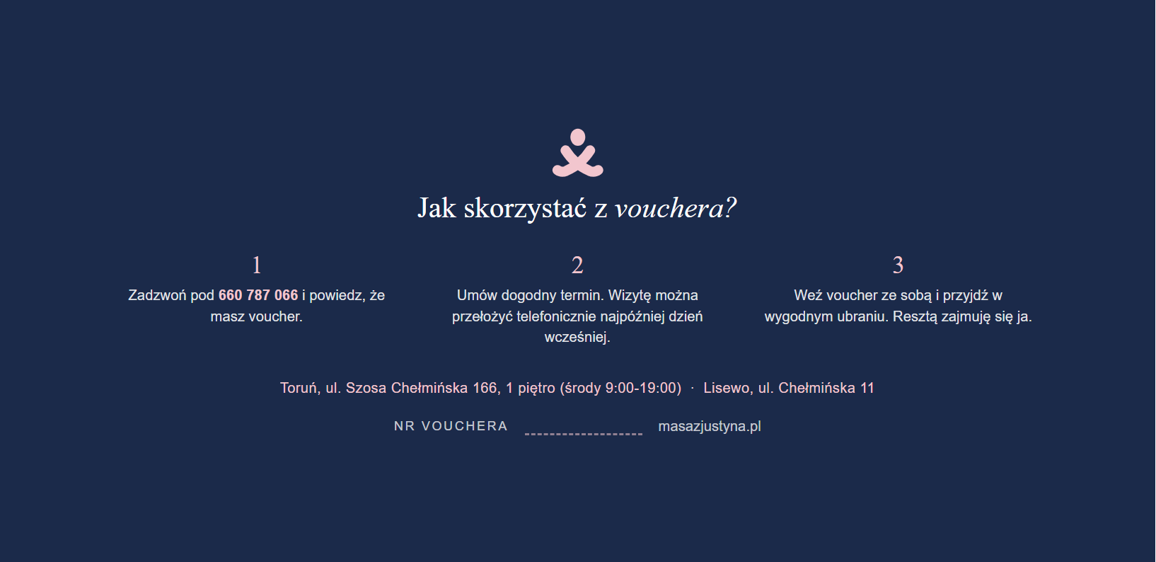 Voucher podarunkowy, tył: trzy kroki realizacji i adresy gabinetów